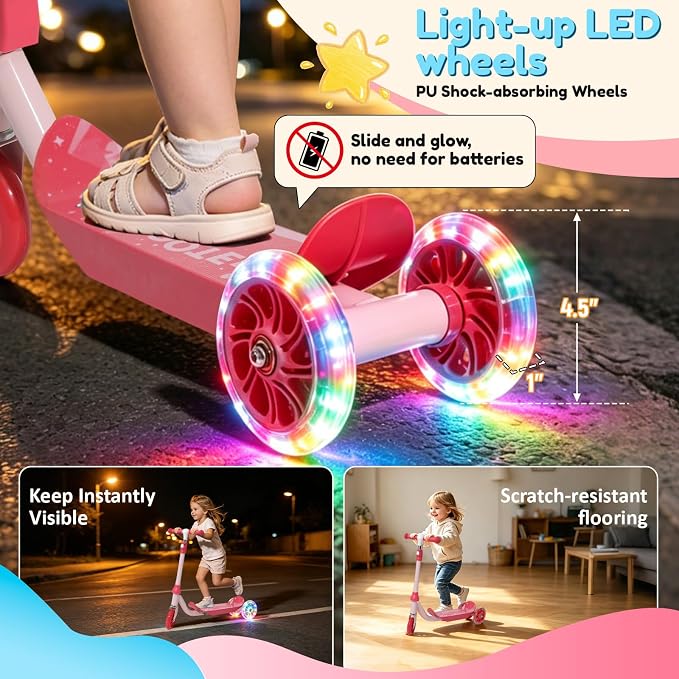 Three Wheel Scooter for Kids 2-5, Light Up Princess Scooters with Handleber-Steer, Adjustable Height Kick Scooters for Boys & Grils, Indoor and Outdoor Use
