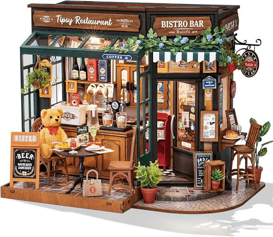Rolife DIY Miniature House Kit for Adults, Tipsy Restaurant Mini Wooden Dollhouse Kit, 1:18 Tiny House Diorama Building Kits Birthday Craft Home Decor Hobbies Gift for Family Friends