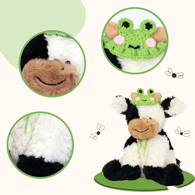 Hopearl Adorable Plush Cow Toy with Cute Tiny Knitted Frog Hat Floppy Dairy Cattle Soft Kawaii Stuffed Animal Birthday Holiday Gift for Boys Girls Kids Toddlers, 9''