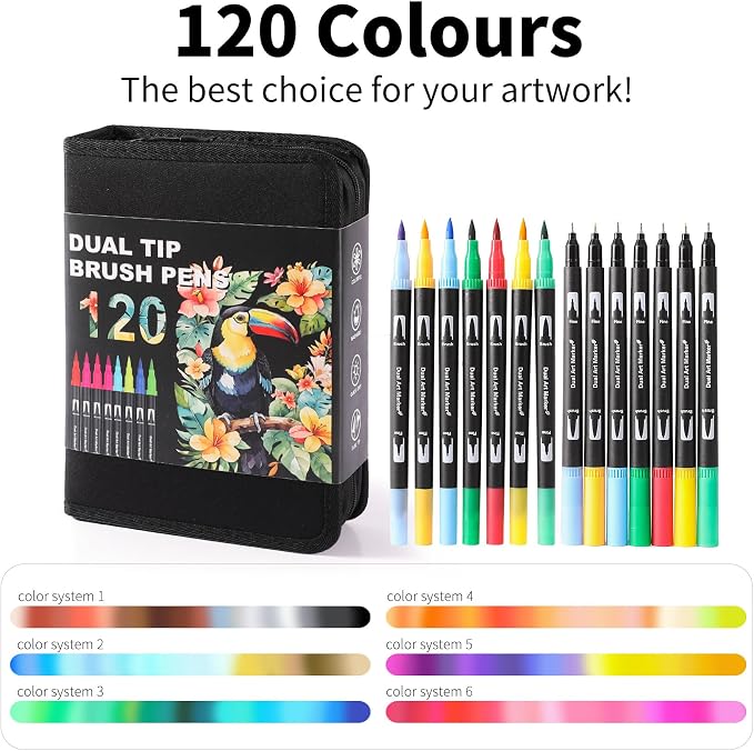 TOSHARE 120 Colors Brush & Fine Dual Tip Watercolor Markers for Adult Coloring Books No Bleeding Paint Pens For Drawing Note Taking Planner Calligraphy Journaling Card Making Back-to-School Supplies