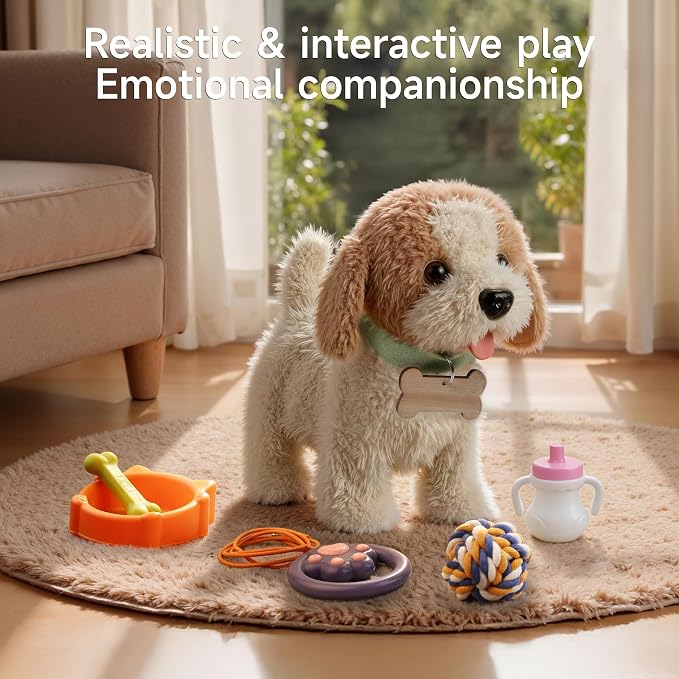 OR OR TU Walking Barking Toy Dog with Remote Control Leash, Plush Puppy Electronic Interactive Toys for Kids, Shake Tail,Pretend Dress Up Realistic Stuffed Animal Dog Age 3 4 5 6+ Years Old Best Gift