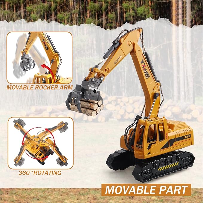 ABS Diecast Timber Grab Truck Toy for Boys Ages 3-12, Friction Powered Metal Construction Vehicle with 360° Rotating Cab & Movable Arm, Christmas Birthday Gifts for Kids Toddlers