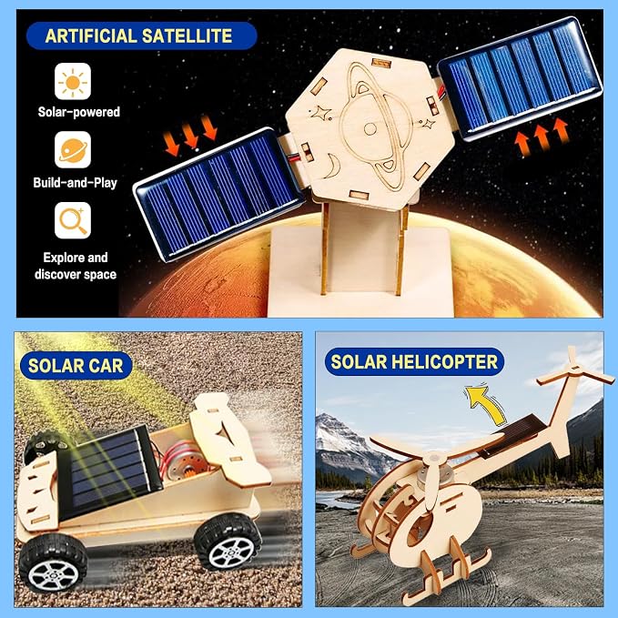 6-in-1 Solar STEM Building Kit, Wooden DIY Construction Set with Satellite, Helicopter, Cars, Educational Science Toy for Kids Ages 6-14 Years (4)