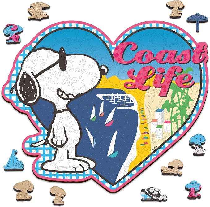 Peanuts Puzzles for Adults – 200 Pieces Unique Heart Shaped Snoopy Wooden Jigsaw Puzzles, Challenging Gift for Family & Friends, 5MM Thick, Officially Licensed Merchandise – Summer Vibe, 11.8" x 9.7"