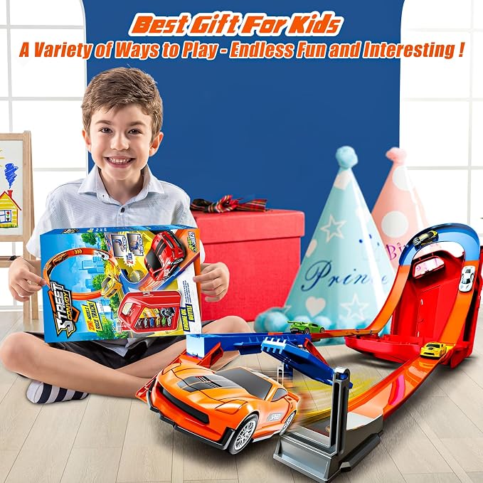 Race Track Toy Car Set with 2 Race Cars,2 in 1 Car Tracks Style with Storage Box,Changeable Tracks Toys Birthday Gifts for Kids 3 4 5 6 7 8+Year Old Boys Girls (Red)
