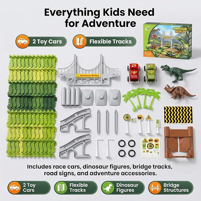 Dinosaur Race Track Toys for Boys 3-5, Flexible Bridge Car Track Set with 2 Toy Cars & Dinosaur Figures, Adventure Race Track Playset for Boys Age 4-7 Birthday Gifts