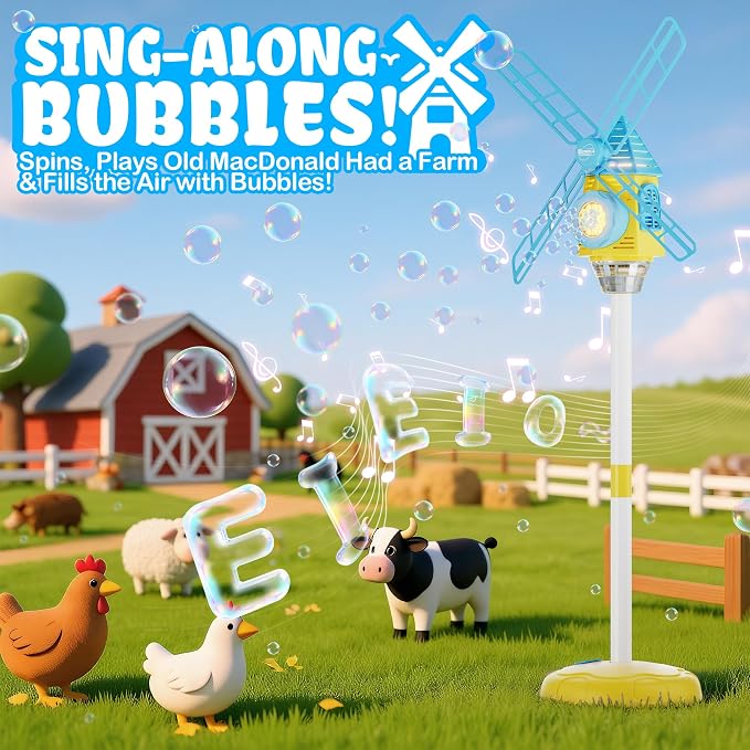 Windmill Bubble Machine for Kids, 51" Adjustable Height Standing Bubble Maker with Lights & Music, 10-Hole Battery Operated Bubble Blower with 130ml Tank, Outdoor Backyard Party Toys for Toddlers