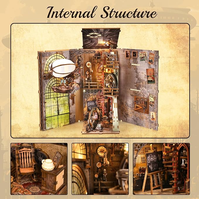 TOYQI Book Nook Kit, Book Nook Kits for Adults | DIY Miniature Dollhouse Kit 3D Wooden Puzzle Booknook Bookend with LED Light