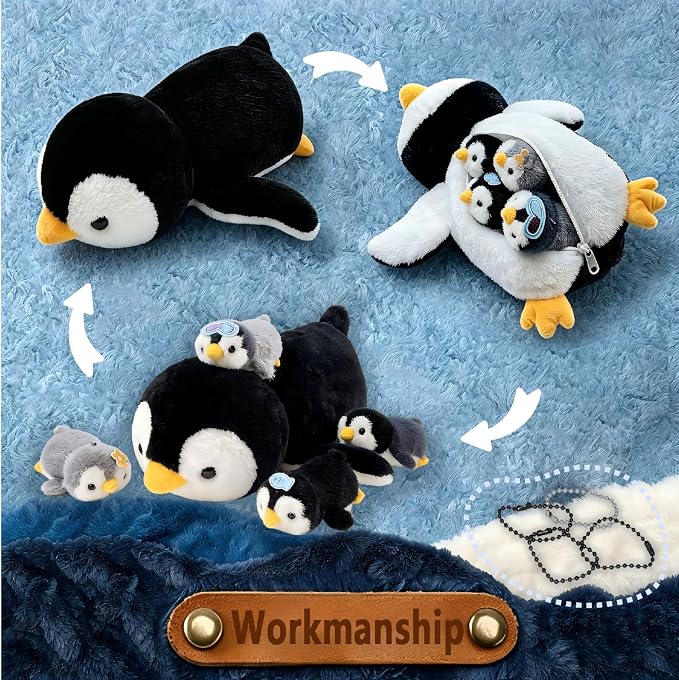 Penguin Stuffed Animal，Cute Penguin Mommy Stuffed Animal with 4 Baby Penguin Plushies in Tummy，Kawaii Penguin Plush Toy Gift for Kids Girls Boys