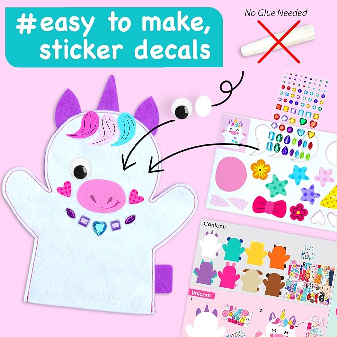 EZCRA Unicorn Hand Puppet Making Kit for Kids Ages 5-10 - Make Your Own Puppets - 8 DIY Craft Projects with Stickers - Educational Gift for Girls & Boys