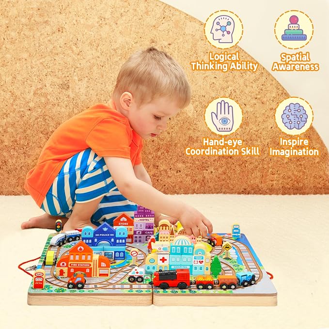 Adena Montessori Wooden Take-Along Tabletop for Toddlers,75 Blocks Set Track Train Set,Electric Train City Building Construction Stacking Blocks Preschool Learning Educational Toys(Large Size)