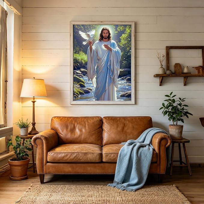CHWGLFGG Jesus White Dove Diamond Painting Kit for Adults, Religious 5D Full Round Drill Diamond Art Beginners Canvas for Home Wall Decor, DIY Paint by Diamonds Dot Gem Craft12x16 Inch