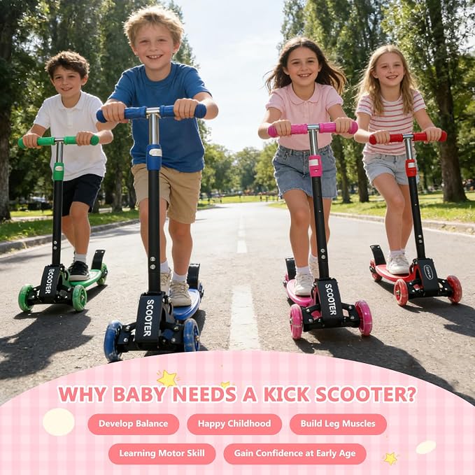 3 Wheel Scooters for Kids 2-5 5-7 Years, 4 Adjustable Heights Foldable Metal Toddler Scooter for Boys Girls Up to 120 lbs, Lean-to-Steer, Dual Rear Brake Widen Anti-Slip Deck