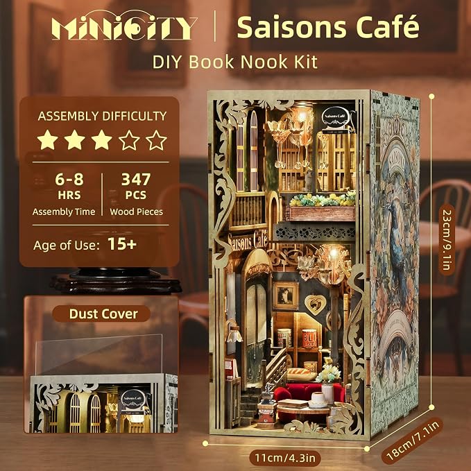 MiniCity Book Nook Kit, DIY Doll House Booknook, Miniature Kit for Bookshelf Doll Houses for Adults Teen Halloween, 3D Wooden Puzzle Bookends with Led Light and Dust Cover (Saisons Café)