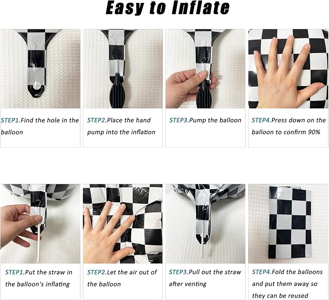 6PCS 22 Inch 4D Black and White Checkered Round Foil Balloons for Race Car Birthday Party Flag Decorations Supplies