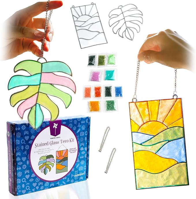 Pinwheel Crafts DIY Stained Glass Kit for Kids - Stain Glass Art Gift Set with 2 Decorative Frames, Hanging Chain, Ring and Colored Beads - Fun Windows Art Suncatcher Kit for Kids, Teens and Adults