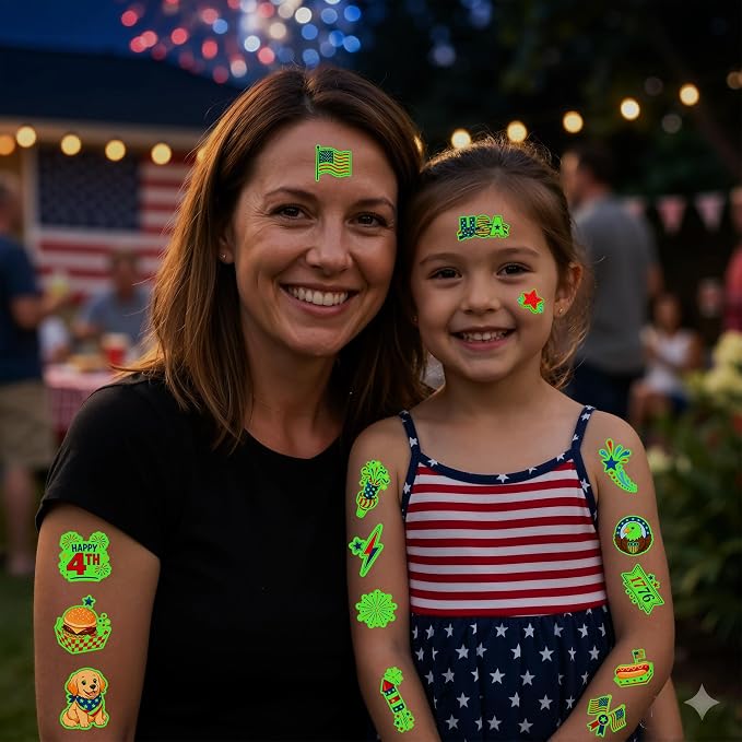 JCFIRE Luminous 4th of July Tattoos Glow in The Dark, Temporary Tattoos for Kids and Adults, 4th of July Accessories for Women Girls, Fourth of July Decorations Supplies