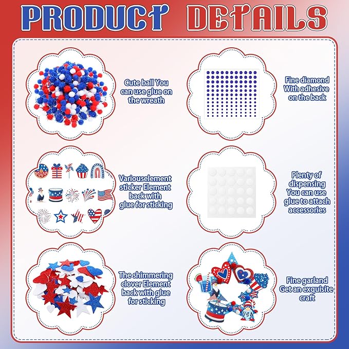 704 Pcs 4th of July Wreath Craft Kit Patriotic DIY Craft Kit Red White Blue Wreath Hanging Ornament with Star Hat Felt Sticker for Memorial Independence 250th Anniversary Party Activities Decor