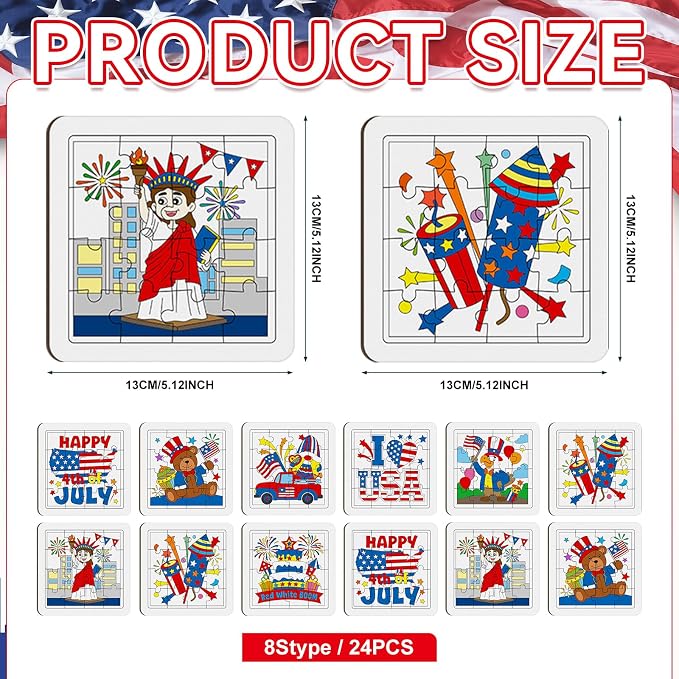 Cinrobiye 24 Pcs 4th of July Color & Assemble Craft Kit, Patriotic DIY Art Cards Set, Make Display Independence Day Craft Projects with Finished Wall Decorations for Classroom, Party and Summer Events