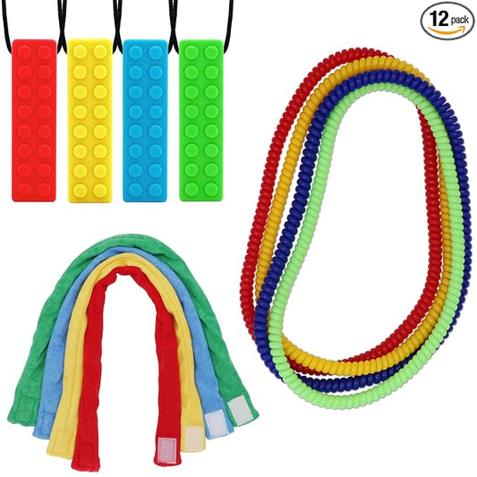 Sensory Chew Necklaces 12 Pack, Stretchy Chewy Necklace Sensory Toys for Kids with Autism, ADHD, Biting, Teething Needs, Silicone Blocks Chewing Toys for Boys Girls Adults Reduce Anxiety Fidget