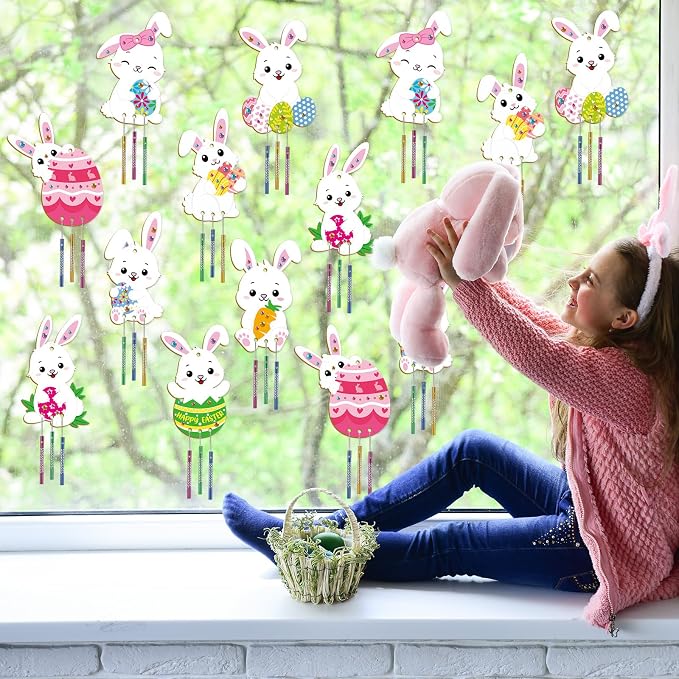 gisgfim 16 Pack Easter Bunny Wind Chime Kits Easter Crafts for Make Your Own Easter Rabbit Wind Chime Wooden DIY Art and Crafts for Spring Party Hanging Decoration Supplies Birthday Favor
