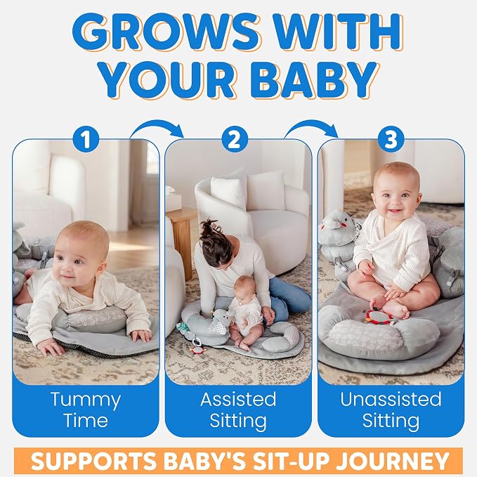 2-in-1 Tummy Time Mat & Baby Lounger Pillow - Seat Support for Baby Play Mat for Babies 0-6 Months, Infant Lounger Activity Center with Newborn Toys, Floor Pillows Sit Me Up (Elephant)
