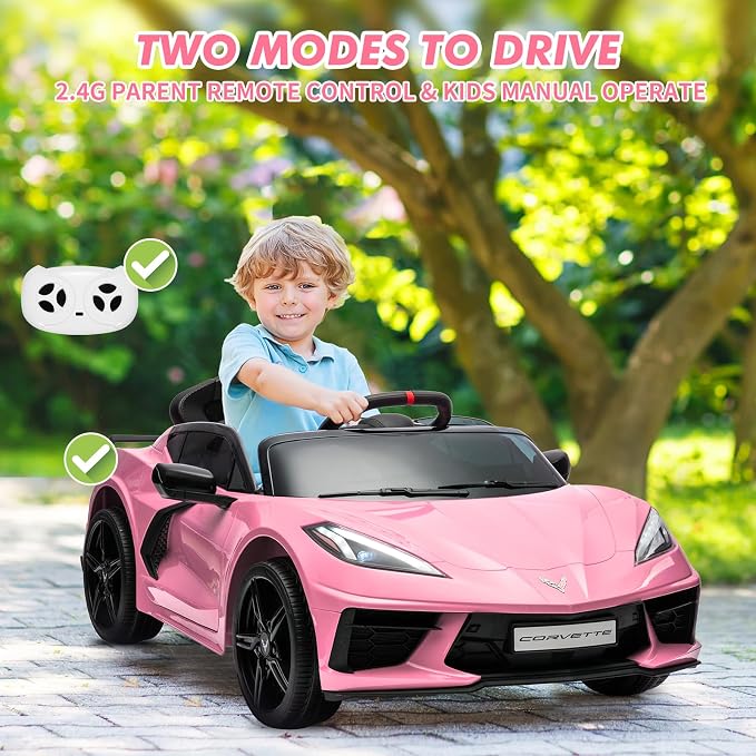 Garvee 12V Kids Ride on Car Licensed Corvette Toddlers Electric Sports Car Ride on Toy with Remote Control, Visual Dashboard, LED Lights, Music for Boys & Girls, Pink