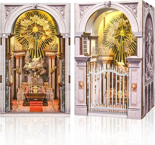 CCCDF DIY Book Nook Kit, Wooden Miniature Dollhouse with LED Light & Dust Cover, 3D Wooden Puzzle Craft for Adults, Religious Architecture Bookshelf Decor (St. Charles Church)
