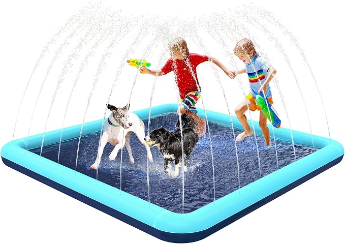 76" x 76" Square Splash Pad for Kids & Dogs, Non-Slip Sprinkler Pool, Shallow Water Play Mat for Toddlers, Outdoor Backyard Water Toys, Teal