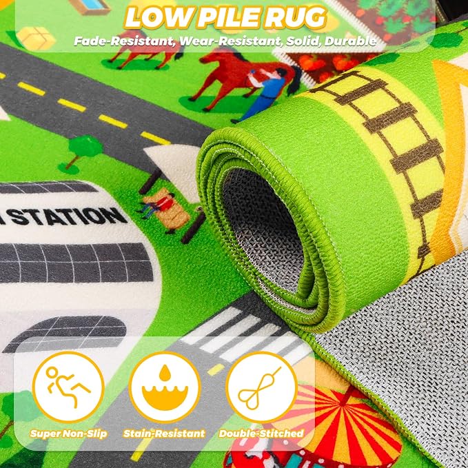 Kids Car Rug Play Mat with 12 Toy Vehicle Set, Kid Road Playmat Rug for Toy Cars, Cars Play Rugs Town City Map Carpet, Car Track Rugs for Kids Boys Playroom Bedroom (60"X36", City Map+Vehicle)