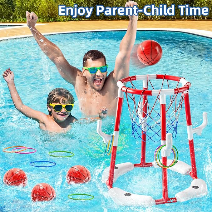 JUKUDAHU Swimming Pool Basketball Hoop Toy for Kids 2 3 4 5 6 Years Old - Floating Pool Basketball Game Toys with 4 Balls Air-Pump, Outdoor Play, Poolside Summer Water for Boys Girls Age 4-8-12 (Red)