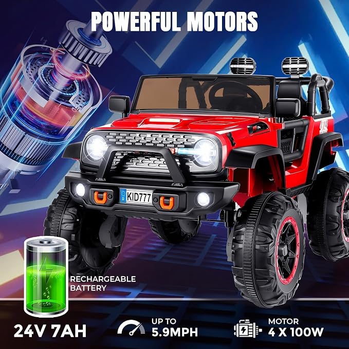 Hikole 24 Volt Electric Ride on Car, 2 Seater Battery Powered Car for Big Kids with Remote Control, 4WD/2WD Switchable Ride on Truck w/4 Spring Suspension, Music, 20" Wide Seat -Red