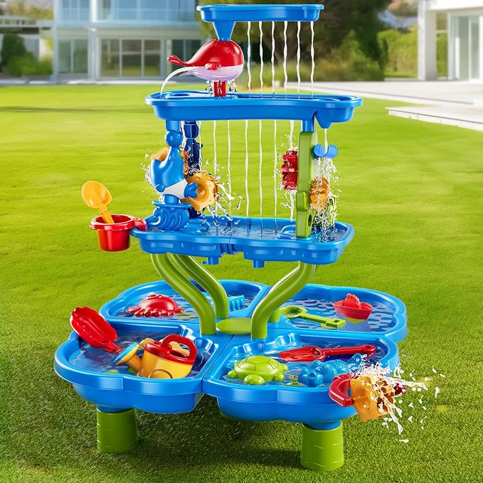 Water Table for Toddlers 1-3 3-5, 4-Tier Water Table for Kids with Sand Beach Toys, Water and Sand Sensory Table Beach Outdoor Birthday Gifts Toys for Kids Toddlers Age 3 4 5 6 7 8 Boys Girls