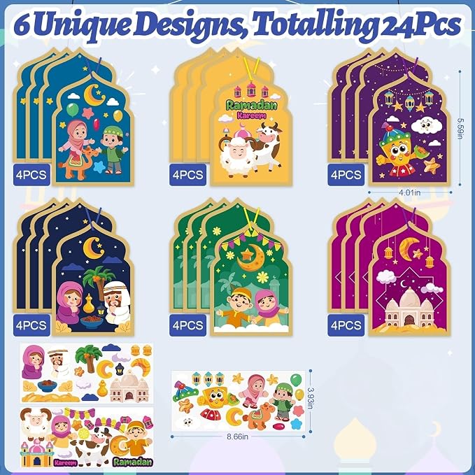 PAIVSUN 24Pcs Ramadan Crafts for Kids, Make You Own Eid Mubarak and Ramadan Kareem Craft Kit, DIY Mosque Scene Religious Sticker Activities Hanging Ornaments for Classroom Party Favor Supplies