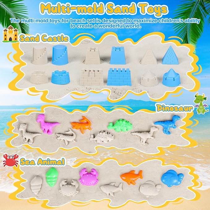 HUUIDY Beach Toys for Kids, Sand Toys with 4 Sand Buckets and Shovels for Kids, Sand Castle Building Kit with Mesh Bag & Molds, Travel Beach Essentials Sandbox Toys for Toddlers Boys Girls Age 4-12