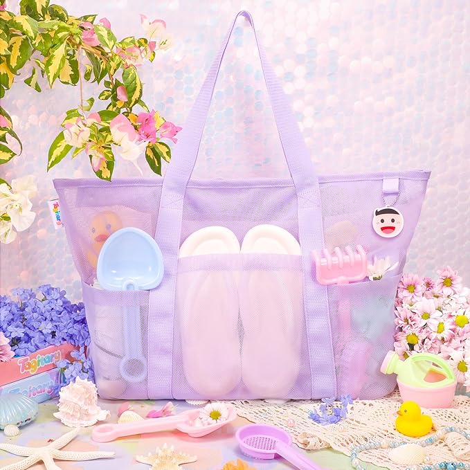 Tagitary Beach Toys for Kids and Mesh Beach Bag with Zipper, Large Beach Tote with 8 Pockets, Sand Toys Storage Pool Bag Beach Accessories for Sports Camping Picnic Travel