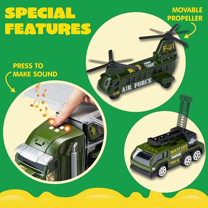 JOYIN 25 in 1 Military Kids Truck Toys for Age 3+, Toddler Boy Toys, Army Men Tanks Set with Soldier Men, Mini Battle Cars in Carrier Truck with Lights and Sounds, Gifts for Grandkids