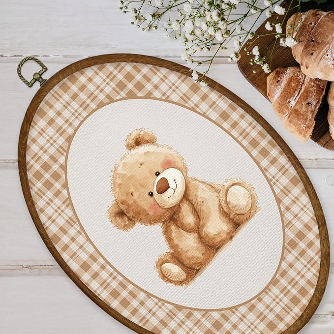 WULQYING Vintage Bear Nursery Wall Art Decor, Kids Room Oval Framed Canvas Art Prints, Brown Gingham Plaid Baby Bear Wall Hanging Decor for Kids Girls Boys Room Bedroom Playroom, 8.6x11.4 Inches