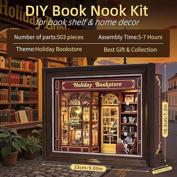 Book Nook Kit-3D Wooden Puzzle with LED Switch Control & Wall-Mountable Frame,DIY Miniature House for Beginners,Bookshelf/Tabletop/Wall Decor for Craft Lovers,Dollhouse Gift,Holiday Bookstore