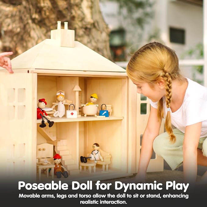 PlanToys® Wooden Nurse Doll | Poseable 1:12 Scale Character Figure for Dollhouse Play, Caregiving & Social Interaction | Eco Friendly Montessori Pretend Play Figure
