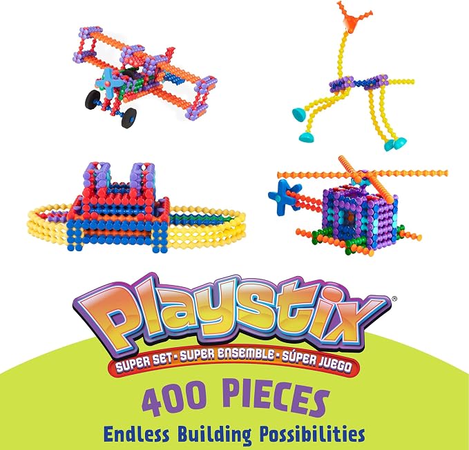 POPULAR PLAYTHINGS Playstix, Building Sticks Kit for Kids, Construction Stem Building Toy Gift for Boys & Girls - Super Set 400 Piece