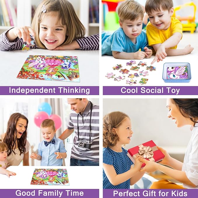 MZZOTOY Princess and Unicorns Puzzles for Kids Ages 4-8, 100 Pieces Jigsaw Puzzles for Kids Ages 3-5 Puzzle for Girls and Boys Learning Educational Puzzles Toys in a Metal Box