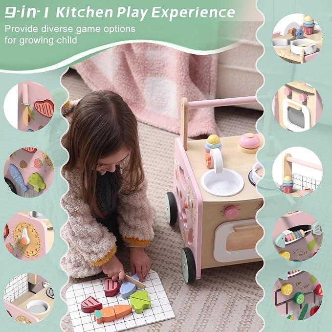 wiqins Wooden Baby Walker 9-in-1 Activity Center with Toddlers Montessori Sensory Toys and Play Kitchen Push Walker for Kids with Wheels and Storage Space, Ideal Gift for Girls Boys Ages 6-36 Month