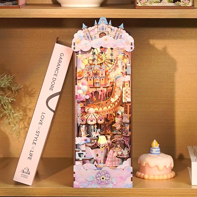 Tonecheer DIY Book Nook Kit for Adults, Booknook Wooden 3D Puzzle Bookend Miniature House Kit, Fantasy Pink Bookshelf Decor with Dust Cover and LED Light for Birthday Gifts (Sweet Dream)