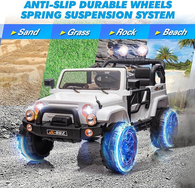 2 Seater Ride On Truck and Car Cover, 12V Children's Electric Car with Parental Remote Control, Music, Bluetooth, MP3 Player, LED Lights, Spring Suspension, White