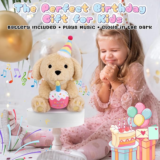 Birthday Sit Dog Plush Toy- Happy Birthday Singing & Glow Stuffed Animal, Musical Dancing Soft Puppy Stuffed Animal with Light-Up Cake, Singing Toy Party Doll Decor Gift for Girls Kids Boys
