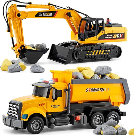 LerBao 2 Pack Large Construction Engineering Truck Toys,Moveable Claw Excavator & Lifting Back Dump Truck Toy for 3 4 5 6 7 8 Years Old Boys Kids Childs Toddlers Christmas Birthday Gift