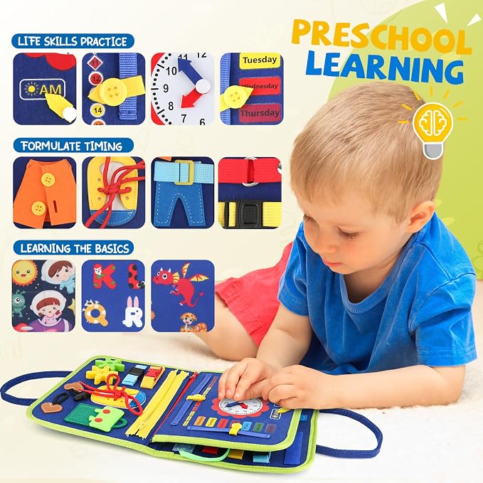 Toddler Busy Board, Montessori Sensory Toys for Boys, 1-4 Year Old Girl Toddler Travel Toys, Educational Learning Activities Board for Motor Skills, Birthday Gifts for Airplane Car, Pink