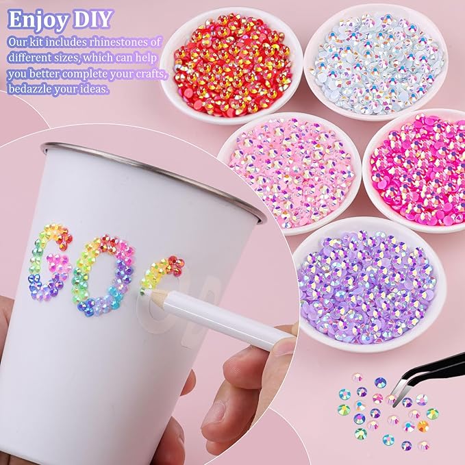 2 Boxes Jelly Rhinestones for Bedazzling, 30600Pcs 3mm & 5mm Multicolor Flatback Resin Gems for Crafting, Bedazzler Kit with Tweezer for DIY Crafts Book Fabric Decor Nail Art
