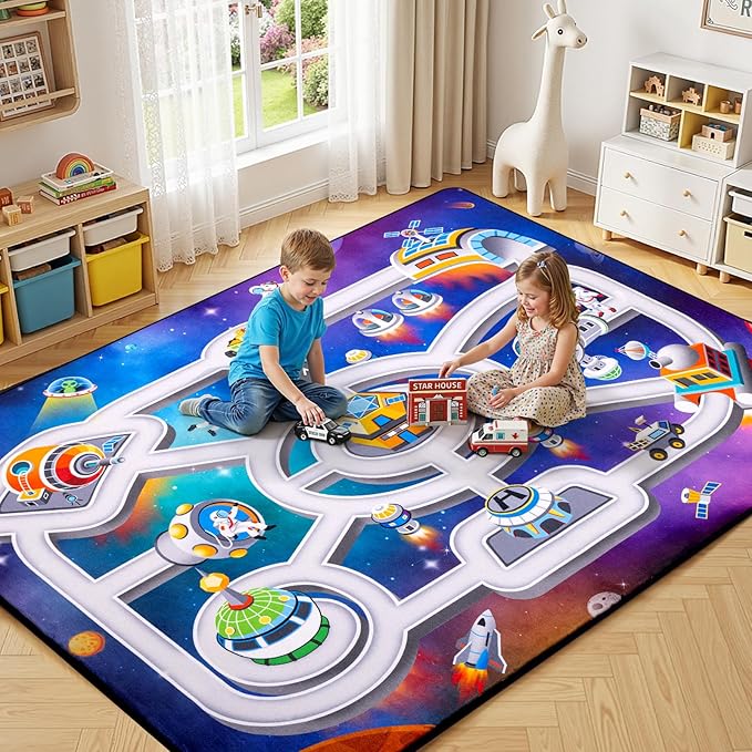 Kids Space Rug 3 x 5 Ft, Outer Space Road Play Mat with Planets & Rockets, Non-Slip Educational Carpet for Playroom